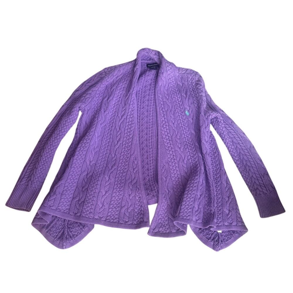 Ralph Lauren Girls M 8-10 Purple Cable Knit Open Front Cardigan 100% Cotton